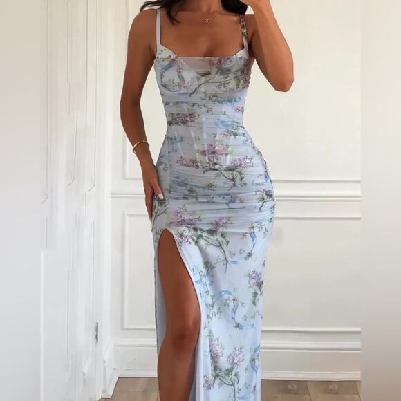 House of CB Lini Blue Floral Print Mesh Maxi Dress XL - Picture 8 of 11